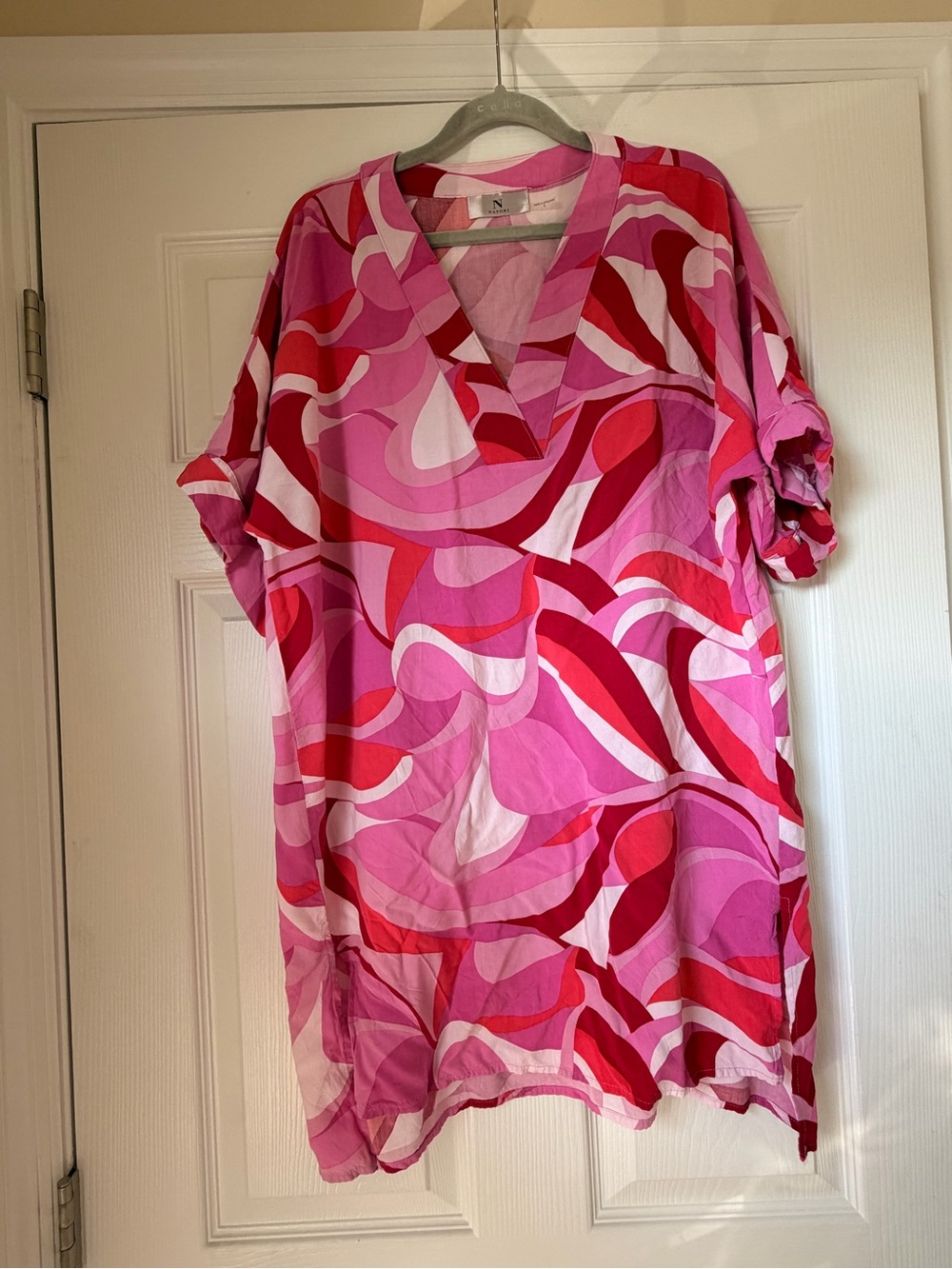 Natori Pink and Red Swirl V-Neck Swim Coverup